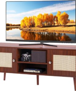 ZXLIHS Meuble TV en rotin, Meuble TV Boho pour téléviseur de 55 Pouces, Meuble TV du Milieu du siècle, Console TV en rotin avec éères réglables pour Salon, Salle multimédia, Noyer