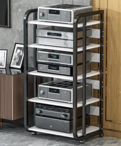 Meuble HiFi,Étagère Audio-vidéo à 5 Niveaux,Supports imprimantes,Meuble Multimedia AV,Meuble Tourne Disque,Rangement Maison avec étagères réglables,Armoire en Bois pour Jeux, Salon(Black+White)