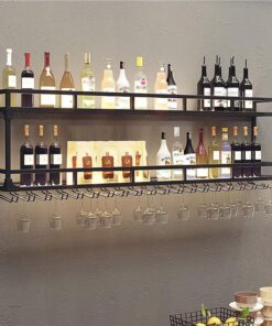 Casier à vin Mural Industriel avec éclairage, Porte-Bouteille en métal Noir, Support de Rangement Multifonctionnel pour vin pour Bar à Domicile, Salle à Manger, Cuisine
