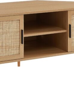 BAÏTA Meuble TV d'angle Amana Effet chêne et cannage en rotin 2 Portes