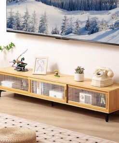 Console TV en Bambou pour Centre de Divertissement, Portes coulissantes, Table TV pour téléviseurs jusqu'à 70 Pouces, Meuble TV, Supports TV pour Salon (Couleur : Marron, Taille : 160 cm - 2