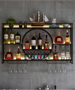 Étagère à Bouteilles en métal Étagères de Bar Étagère Murale pour Bouteilles d'alcool avec Support pour Verres à vin et Bandes Lumineuses LED Mini-Bar Flottant Armoire à Alcool Éta