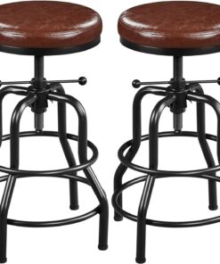 Yaheetech Lot de 2 Tabouret de Bar Industriel en Similicuir Tabouret Haut Rond Réglable en Hauteur avec Deux Repose-Pieds Chaise de Cuisine Cadre en Métal pour Cuisine Restaurant Bistrot Marron