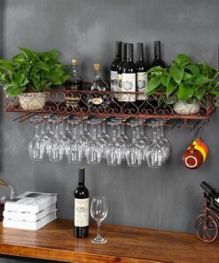 Casier à vin Mural Moderne en métal avec Porte-Verres et étagère de Rangement pour Bouteilles, pour Bar, Salle à Manger et Cuisine – Bronze (80 x 25)