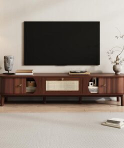 XJBTBA Meuble TV – Meuble TV avec Portes en Bois Naturel Massif tiroirs en rotin. Solutions de Rangement Naturelles pour Une Ambiance Rustique, Noyer
