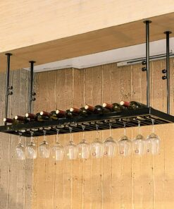 Casier à vin en Fer forgé pour Plafond, Hauteur réglable, Support à Verre Suspendu, Support de décoration pour Bar/Restaurant/café, présentoir à Verres à vin, étagère à vin Noire (