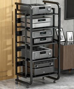 Meuble pour Platine Vinyle à défilement réglable, étagères à 5 Niveaux, idéal pour Les Bureaux et Les Home cinémas, Noir, 50 x 42,5 x 110 cm