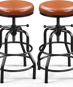 Yaheetech Lot de 2 Tabouret de Bar Industriel en Similicuir Tabouret Haut Rond Réglable en Hauteur avec Deux Repose-Pieds Chaise de Cuisine avec Cadre en Métal pour Cuisine Restaurant Marron Clair