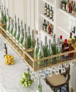 Étagère à vin Suspendue au Plafond en Or, étagère Flottante en métal pour vin et Champagne, Support de Rangement Suspendu pour Verres à Pied et gobelets en Verre pour comptoir de Bar et de c