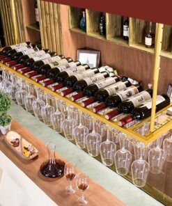 Casier à vin Suspendu en métal, Porte-Bouteilles de vin au Plafond, Porte-Verre à vin pour étagère de décoration Rustique, pour sous Le Meuble, Cuisine, Bar, Hauteur réglable en Or