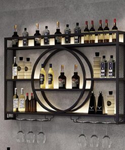 Étagère à vin Murale en métal avec éclairage LED et Support pour Verres à vin. Étagère à vin élégante en Fer pour Bouteilles d'alcool. Étagères de Bar pour Cuisine ou Salon. Noir (39,3 Pouce