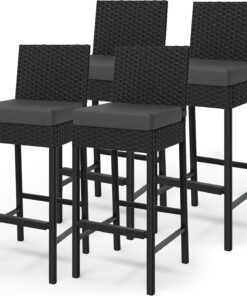 Tabourets De Bar d'Extérieur En Rotin - Lot De 2 Avec Coussin Moelleux, Repose-Pieds Ergonomique, Sans Accoudoirs, Hauteur Comptoir, Idéaux Pour Terrasse, Jardin, Piscine, Cour, Parfaits Pour Le Salon