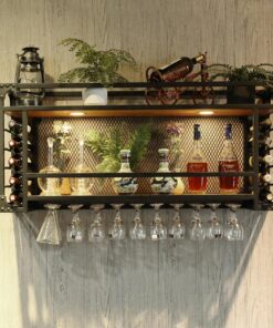 Casier à vin mural en métal avec support à verres à vin suspendu, porte-bouteilles de vin industriel et support à verres à pied, présentoir en fer pour bar, salle à manger, cuisine - Noir, 6