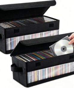 Lot de 2 boîtes de rangement pour CD avec couvercle, 35 x 15 x 14 cm, 2 boîtes de rangement pour CD pouvant contenir 35 CD dans des boîtiers à bijoux, 70 CD dans des boîtiers fins et 180