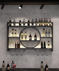 Casier à vin Mural Contemporain en métal avec étagères flottantes Casiers à vin muraux avec Support à Verres et présentoir en Fer Porte-vin pour Bars de Restaurant à Domicile (Couleur :)