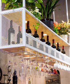 Étagère à vin de Plafond avec éclairage, étagère Murale Industrielle, Support à Verres à vin Suspendu à 2 Niveaux pour Bar, étagère à vin en métal Noir/Blanc/doré