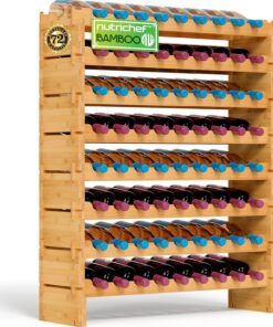 NutriChef Casier à Vin en Bambou 72 Bouteilles – Étagère Empilable 8 Niveaux Autoportante, Rangement Modulaire pour Cave et Cuisine, 85 x 25,4 x 105 cm