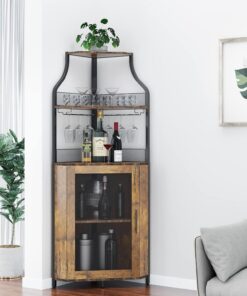 Garvee Meuble à Vin d'angle, Casier à Vin De Style Industriel avec éclairage LED, Meuble Bar avec Casier à Vin Réglable Et Porte-Verres, Rangement pour Boissons,Bar à Vin pour Cuisine