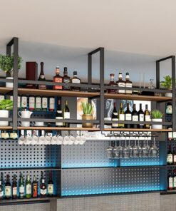 Casier à vin Industriel Suspendu en métal, Support de Plafond pour Verres à vin avec étagère à 2 Niveaux pour Bouteilles de vin et Verres à Pied, Rangement élégant pour Bar, café, Cuisine, n