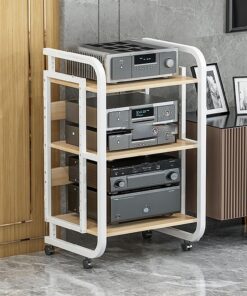 Support Audio AV Armoire de Rangement Multimédia DVD Support Multimédia Support de Jeu Étagères Rack de Stockage Audio Vidéo avec Roues Universelles pour Le Salon La Chambre et Le Bureau.(Wit,50x42.5x