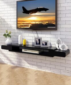 Meuble TV mural noir pour petits appartements, étagère murale simple avec fond suspendu (150 cm)