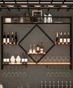Étagère à vin Murale, étagère Flottante pour Bar, casier à vin Rond Industriel Suspendu avec Porte-Verre à vin, pour Bar, café, Cuisine (Dimensions : 100 x 15 x 80 cm, Couleur : Noir)