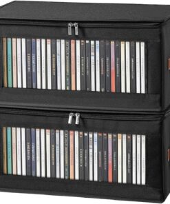 Lot de 2 boîtes de rangement pour DVD, 43,5 x 22 x 22 cm, avec couvercles à fermeture éclair et fenêtre, peut contenir 50 DVD dans des boîtiers à bijoux, 85 DVD dans des boîtiers fins et 220 disques