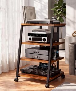 Support multimédia AV à 4 niveaux avec multiprises, tour de rack audio avec étagères réglables, étagère de console multimédia avec roulettes pour disque vinyle, lecteur CD et platine