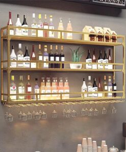 Casier à vin Mural, casier à vin pour Bar, café, Cuisine, étagères flottantes, casier à vin Rond Industriel Suspendu avec Porte-Verre, doré (Dimensions : 120 x 25 x 90 cm, Couleur : doré)