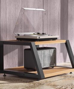 Support de Stockage Audio, Support de Rangement Audio, Meuble de Rangement Salon, Meuble Etagere Rangement Multifonctionnel Trapézoïdal pour Équipements Dudio(Natural+Black,2 Layer)