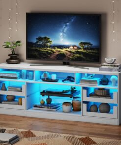 ZXLIHS Meuble TV en Bois, Meuble TV 145 CM avec éclairage LED RVB multiprise, Table TV avec éères en Verre 4 tiroirs pour TV 65 Pouces, Centre de Divertissement pour Salon, Chambre à Coucher, Blanc
