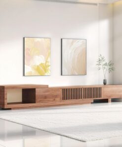 XJBTBA Meuble TV pour Salon – Meuble TV Extensible avec Rangement pour téléviseur de 65 Pouces Plus, Console multimédia en Bois avec tiroirs (Noyer, Longueur 200-262 cm)