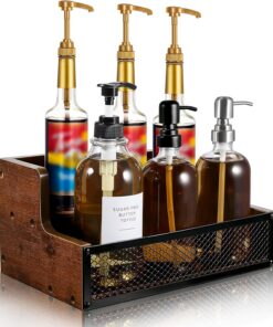 Menkxi Étagère de rangement à 2 niveaux pour café, bouteilles d'alcool, sirop en bois avec clôtures, support de rangement pour bouteilles de sirop, whisky, vin, décoration de bar, peut contenir 6