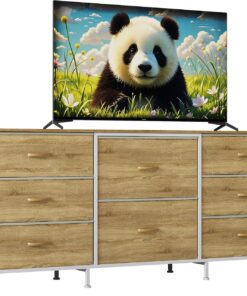 GarveeHome Commode 8 Tiroirs en Tissu avec Plateau Bois – Meuble TV Et Rangement, Cadre Métal, pour Salon/Chambre, 160x69x36 cm, Couleur Bois Naturel