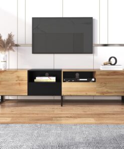 XJBTBA Meuble TV 190 cm avec Noir Bois, Grand Meuble de Rangement avec Portes tiroirs, Centre de Divertissement Robuste pour Salon, Console multimédia pour téléviseurs