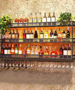 Casier à vin mural avec support à verres à LED, présentoir pour bouteilles d'alcool, organisateur de rangement suspendu à tiges longues en métal pour gobelets pour mini bar à domicile, cave