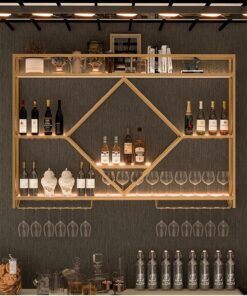 Casier à vin Mural, étagères flottantes pour Bar, casier à vin Rond Industriel Suspendu avec Porte-Verres à vin, pour Bar, café, Cuisine (Dimensions : 120 x 15 x 80 cm, Couleur : doré)