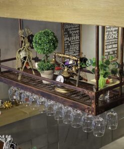 Porte-Bouteilles de vin Suspendu au Plafond | Porte-Bouteilles de vin Vintage | Décoration Murale pour Bars, Restaurants, Cuisines Porte-Verres à Pied, Hauteur et Largeur réglables
