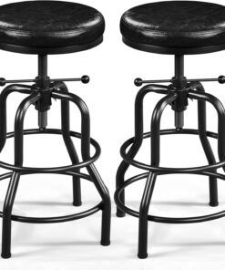 Yaheetech Lot de 2 Tabouret de Bar Industriel en Similicuir Tabouret Haut Rond Réglable en Hauteur avec Deux Repose-Pieds Chaise de Cuisine avec Cadre en Métal pour Cuisine Restaurant Bistrot Noir