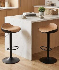 Kidol & Shellder Lot de 2 Tabourets de Bar Effet Bois, Tabouret de Bar Réglable en Hauteur 59–83 cm, Siège en PU Ergonomique, Pivotant 360°, sans Dossier avec Repose-Pieds, Cuisine et Salle à Manger