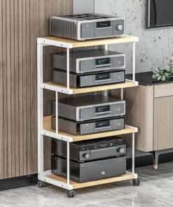 Rack Audio, Meuble Hi FI À 4 Niveaux, Meuble Audio Vidéo Mobile, Meuble Stéréo Ouverte, Meuble Rack Audio for Stéréo De Divertissement, for Salon, Jeux, Salle D'enregistrement(White+Wood)