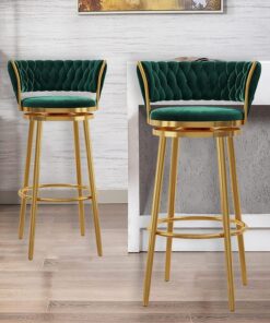 Lot de 2 tabourets de bar pivotants en velours, chaises à hauteur de comptoir avec dossier et pieds dorés, chaises de salle à manger rembourrées, tabourets de bar pour îlot de cuisine, café, pub,