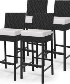 Tabourets De Bar d'Extérieur En Rotin - Lot De 2 Avec Coussin Moelleux, Repose-Pieds Ergonomique, Sans Accoudoirs, Hauteur Comptoir, Idéaux Pour Terrasse, Jardin, Piscine, Cour, Parfaits Pour Le Salon