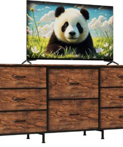 GarveeHome Commode 8 Tiroirs en Tissu avec Plateau Bois – Meuble TV Et Rangement, Cadre Métal, pour Salon/Chambre, 160x69x36 cm, Marron
