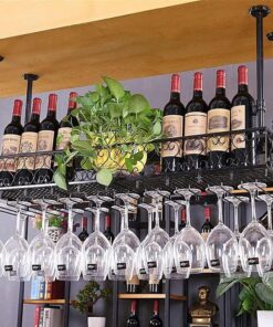 Casier à vin en métal Noir monté au Plafond avec étagère à Verres à Pied, Porte-Bouteilles Suspendu et Support pour Verres à vin pour Bars et Cuisines, présentoir Flottant pour Le Stockage d