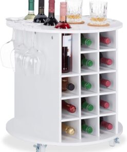 Relaxdays 10025020 Etagère vin, design, à roulettes, 17, Porte-bouteilles, rond, HxD : 56 x 54cm, blanc, MDF, plastique, 1 élément