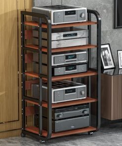 Meuble HiFi,Étagère Audio-vidéo à 5 Niveaux,Supports imprimantes,Meuble Multimedia AV,Meuble Tourne Disque,Rangement Maison avec étagères réglables,Armoire en Bois pour Jeux, Salon(Black+Teak)