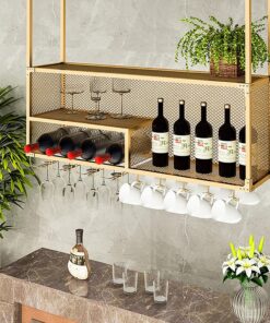 Casier à vin Suspendu avec Support en Verre et étagère, Support en Verre à vin en métal pour Bar de Plafond, Support Mural Industriel pour vin et Verre, Support pour Bouteille en f