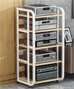 Meuble HiFi,Étagère Audio-vidéo à 5 niveaux,Supports imprimantes,Meuble Multimedia AV,Meuble Tourne Disque,Rangement Maison avec étagères réglables,Armoire en bois pour jeux, salon(White light walnut)