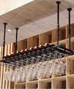 MObyat Casier à vin Suspendu au Plafond avec Support en Verre, étagère pour Les Amateurs de vin, Meubles de Bar et casiers à vin muraux en Bois Noir/Support à vin Suspendu au Plafond en m